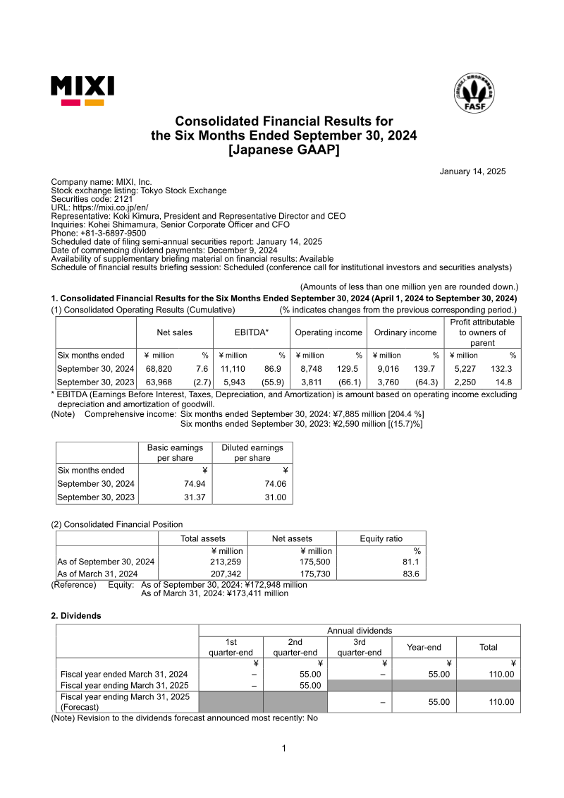 Cover of MIXI Consolidated Financial Results: Six Months Ended September 30, 2024