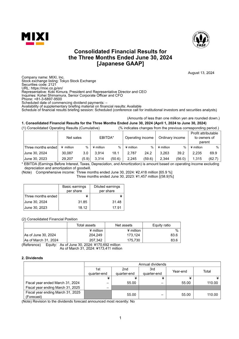 Cover of MIXI Consolidated Financial Results: Three Months Ended June 30, 2024