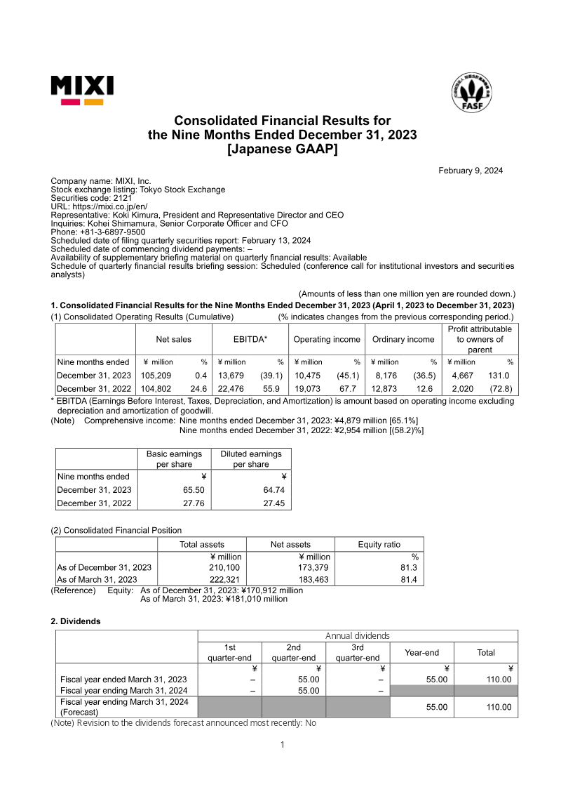 Cover of MIXI Consolidated Financial Results for the Nine Months Ended December 31, 2023