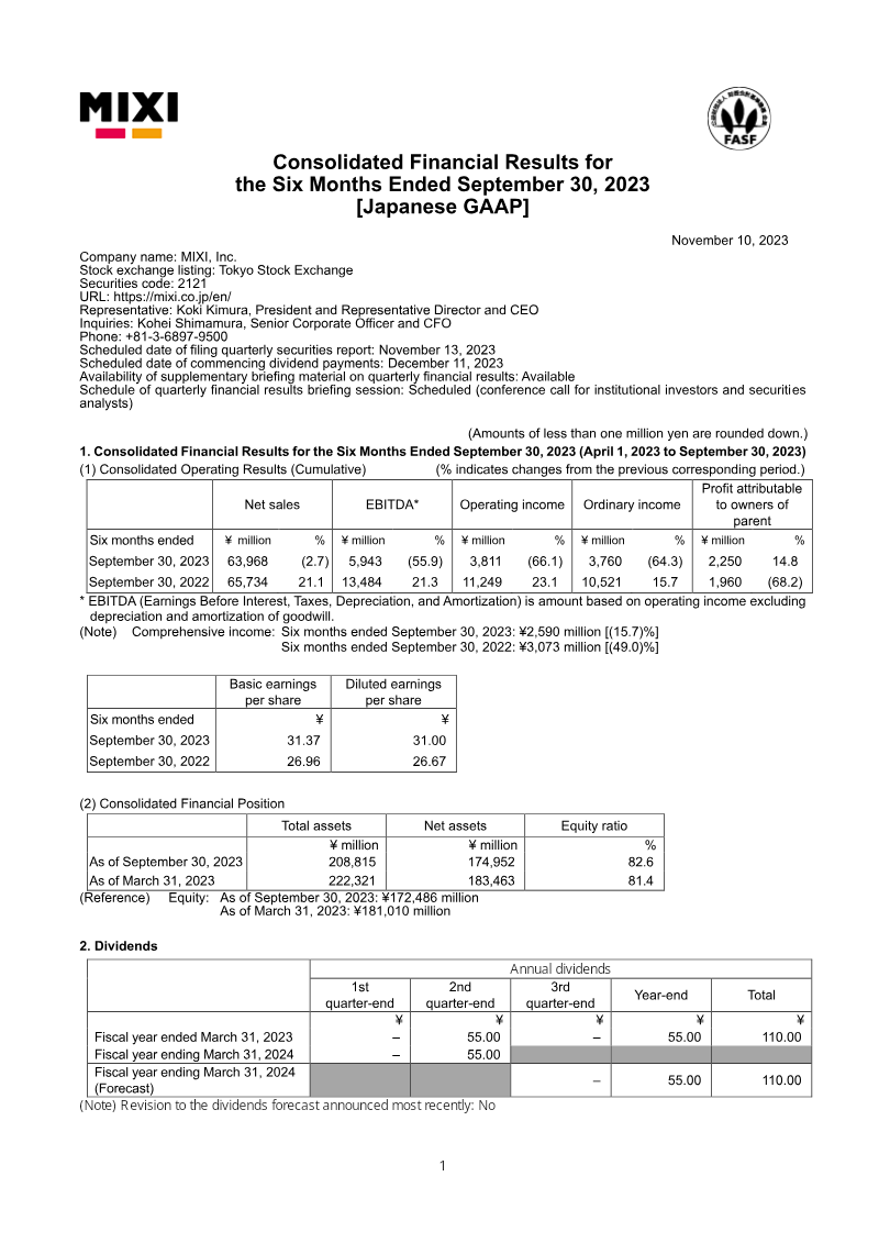 Cover of MIXI, Inc. Consolidated Financial Results for the Six Months Ended September 30, 2023