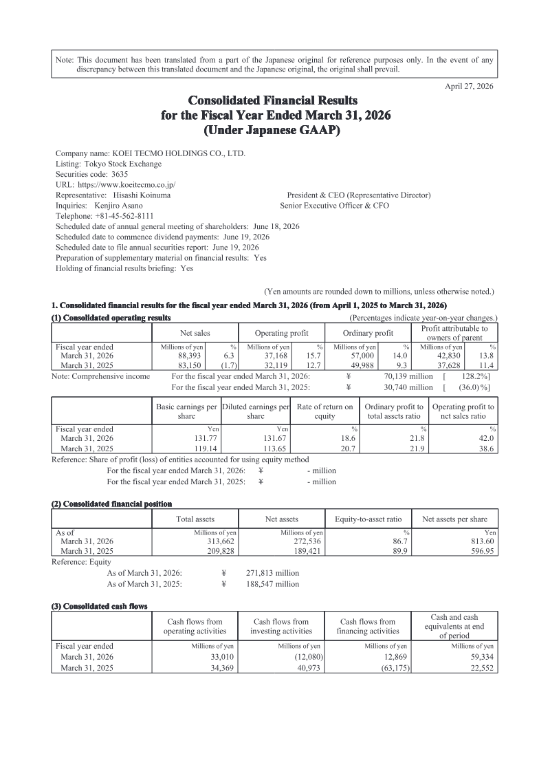Cover of Koei Tecmo Holdings Consolidated Financial Results: Fiscal Year Ended March 31, 2026