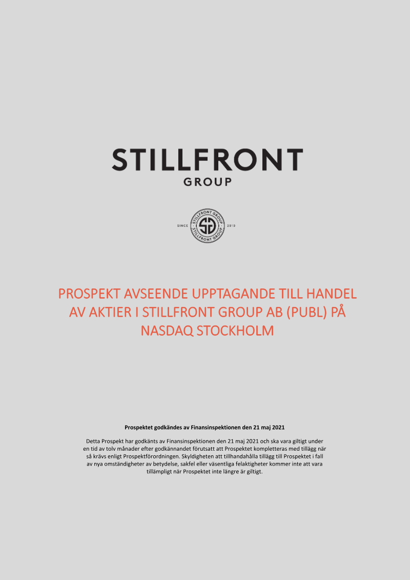 Cover of Prospectus Regarding Admission to Trading of Shares in Stillfront Group AB (publ) on Nasdaq Stockholm