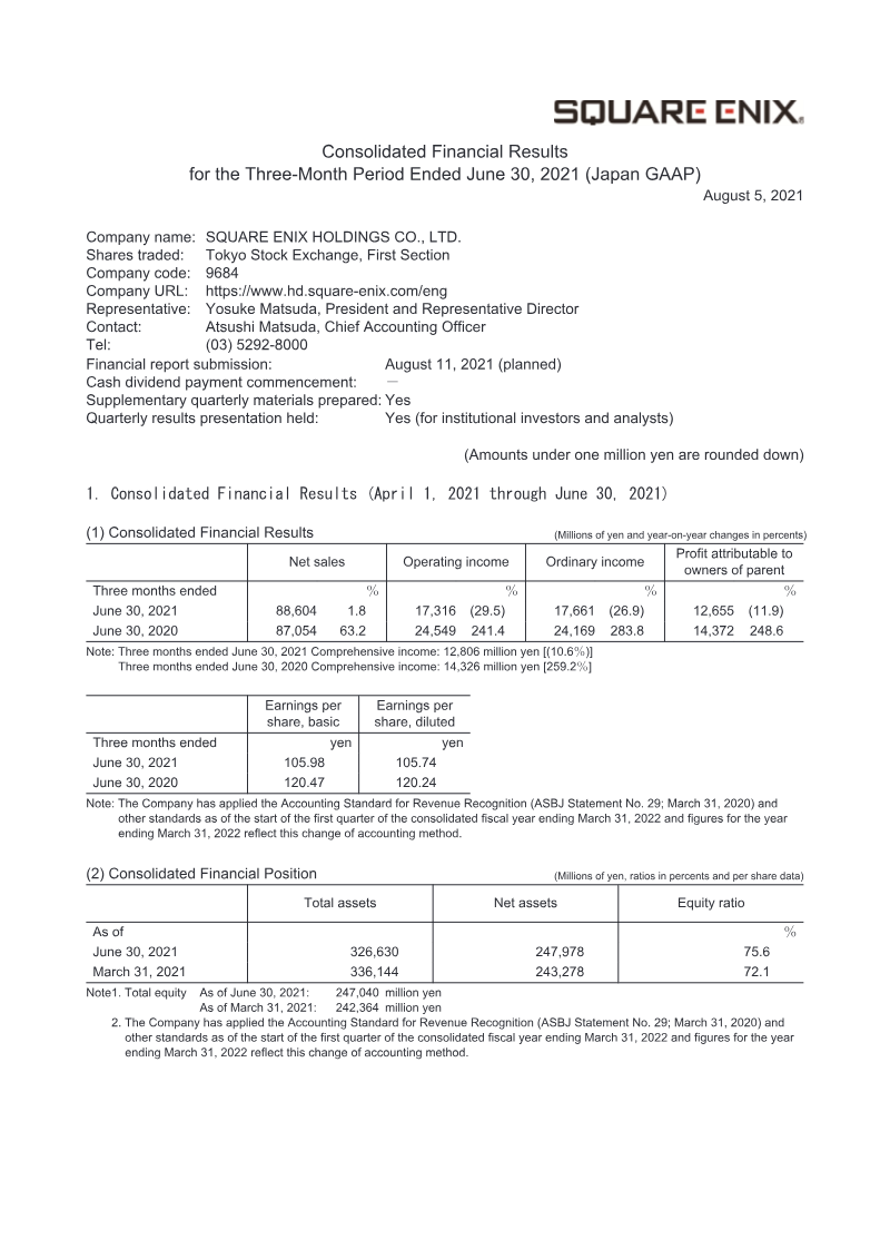 Cover of Square Enix Holdings Consolidated Financial Results: Three-Month Period Ended June 30, 2021