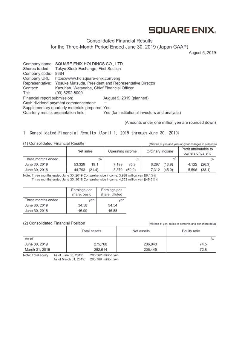 Cover of Square Enix Holdings Consolidated Financial Results: Three-Month Period Ended June 30, 2019