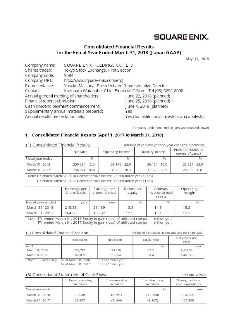 Cover of Square Enix Holdings Consolidated Financial Results for the Fiscal Year Ended March 31, 2018