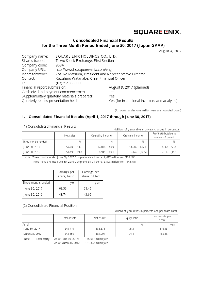 Cover of Square Enix Holdings Consolidated Financial Results: Three-Month Period Ended June 30, 2017
