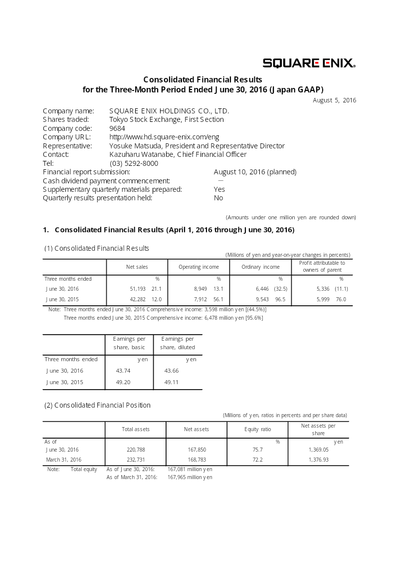 Cover of Square Enix Holdings Consolidated Financial Results: Three-Month Period Ended June 30, 2016