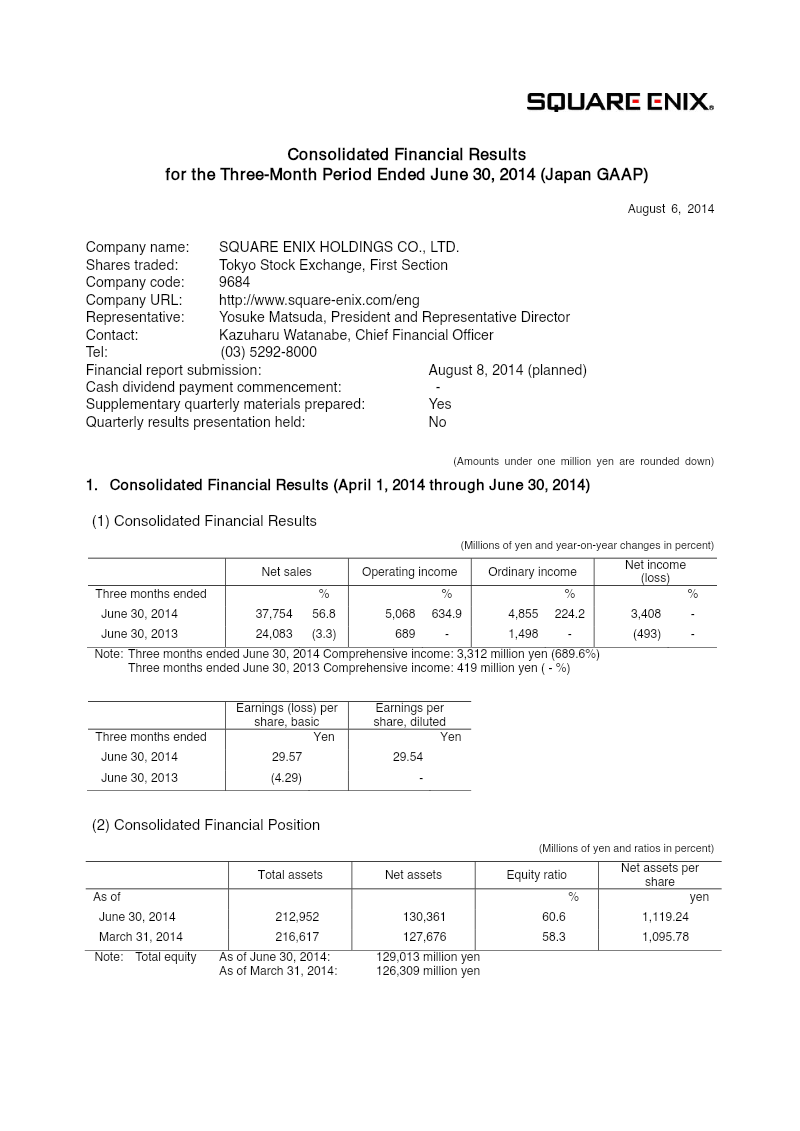 Cover of Square Enix Holdings Consolidated Financial Results: Three-Month Period Ended June 30, 2014