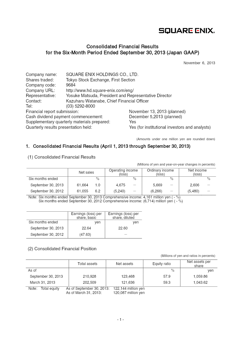 Cover of Square Enix Holdings Consolidated Financial Results: Six-Month Period Ended September 30, 2013