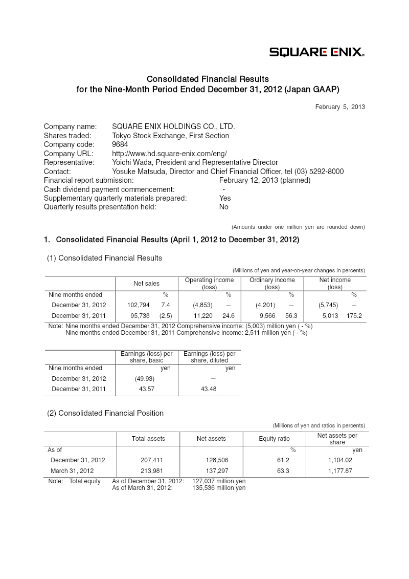Cover of Square Enix Holdings Consolidated Financial Results: Nine-Month Period Ended December 31, 2012