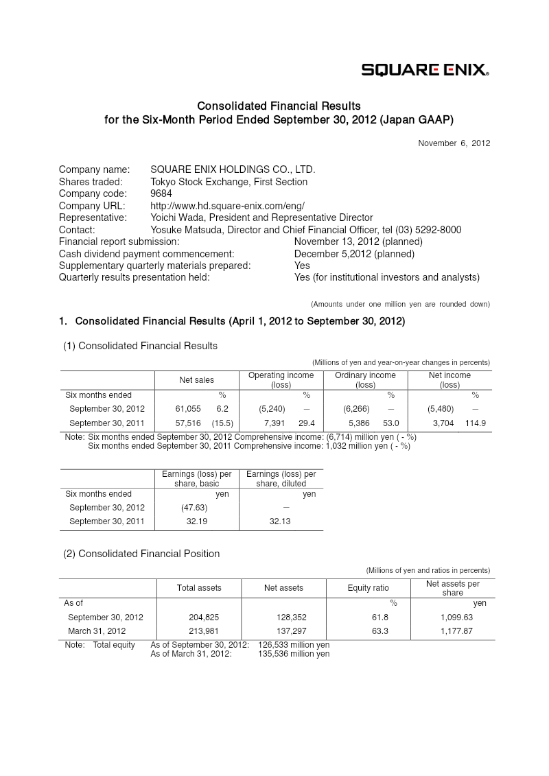 Cover of Square Enix Holdings Consolidated Financial Results: Six-Month Period Ended September 30, 2012