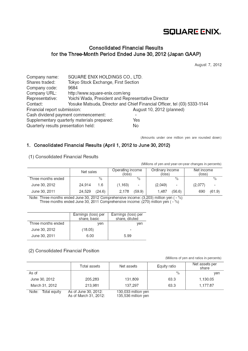 Cover of Square Enix Holdings Consolidated Financial Results: Three-Month Period Ended June 30, 2012