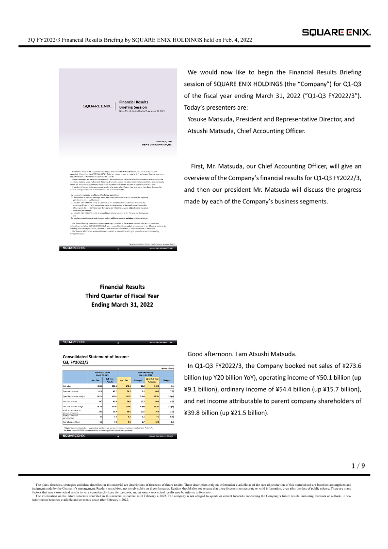 Cover of Square Enix Holdings Q1-Q3 FY2022/3 Financial Results Briefing