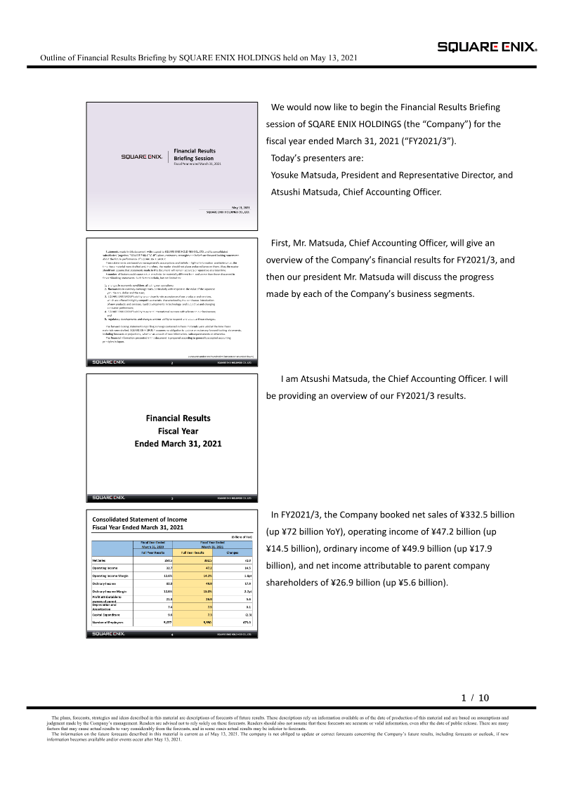 Cover of Square Enix Holdings Financial Results Briefing: Fiscal Year Ended March 31, 2021