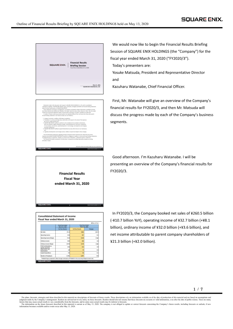 Cover of Square Enix Holdings Financial Results Briefing: FY2020/3