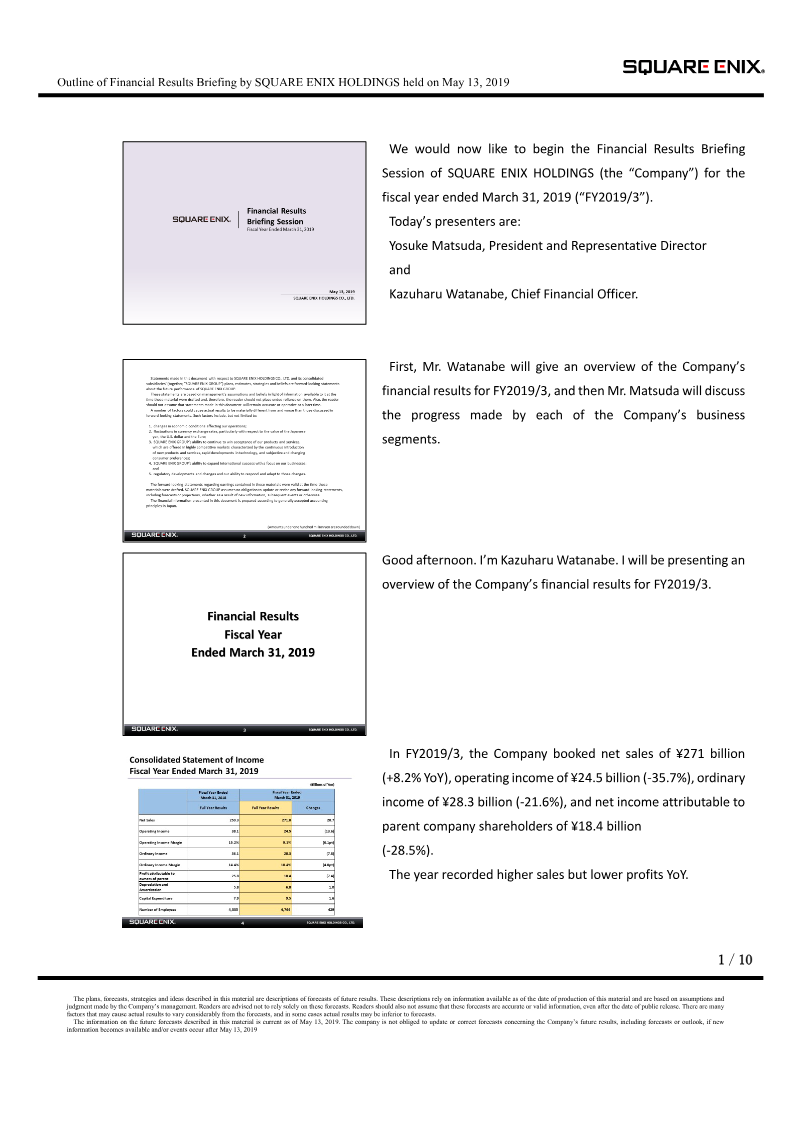 Cover of Square Enix Holdings Financial Results Briefing: Fiscal Year Ended March 31, 2019