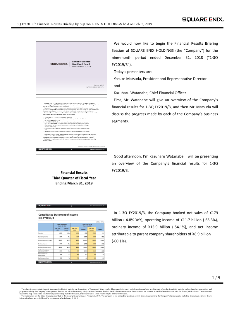 Cover of Square Enix Holdings 3Q FY2019/3 Financial Results Briefing
