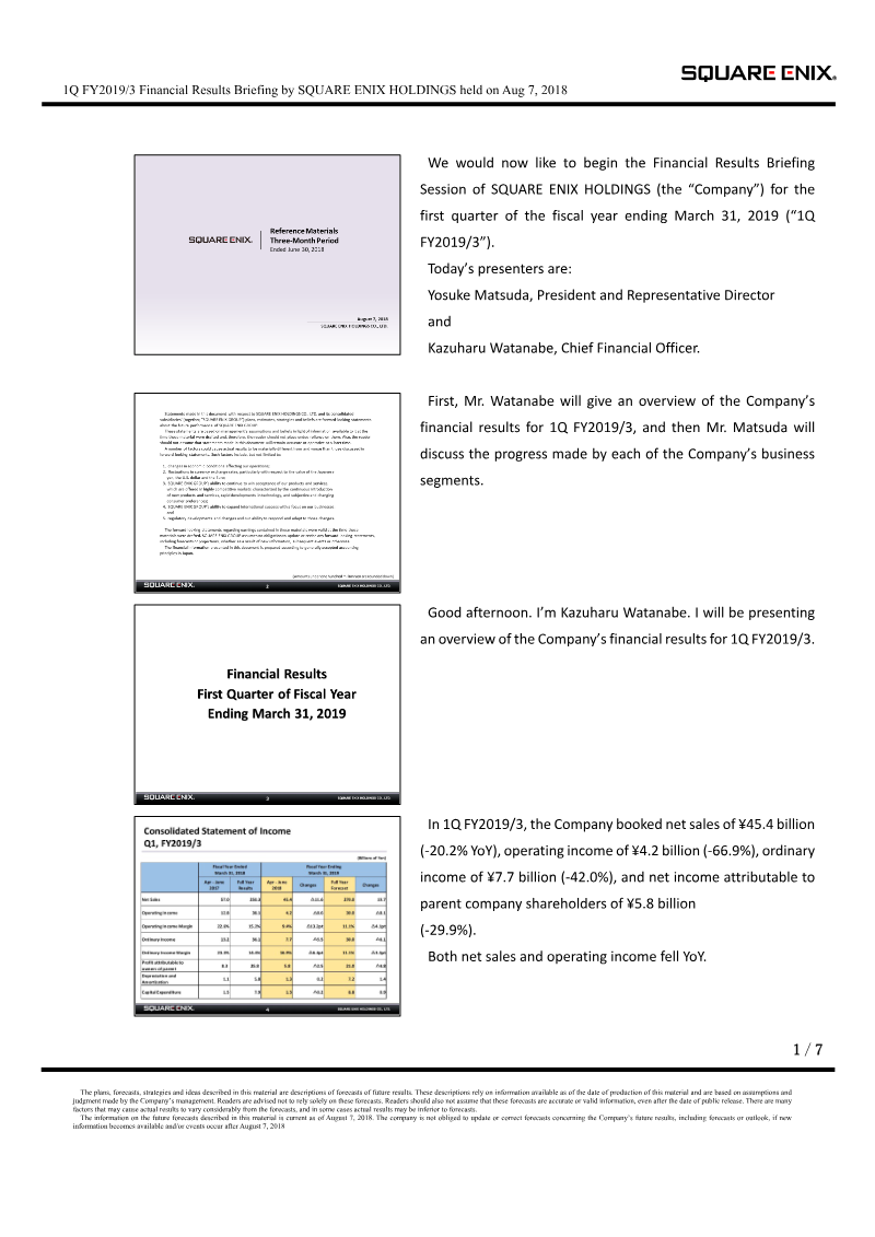 Cover of Square Enix Holdings 1Q FY2019/3 Financial Results Briefing