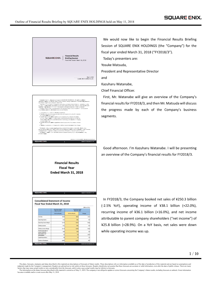 Cover of Financial Results Briefing: Fiscal Year Ended March 31, 2018