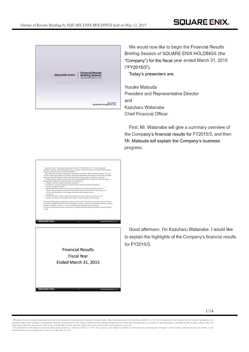 Cover of Square Enix Holdings Financial Results Briefing: FY2015/3