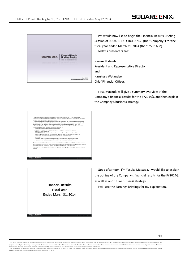 Cover of Square Enix Holdings Financial Results Briefing: FY2014/3