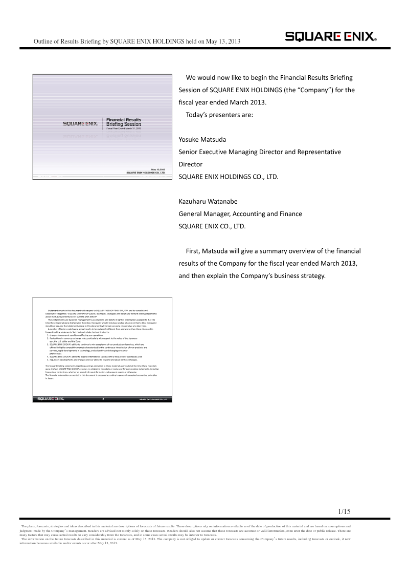 Cover of Financial Results Briefing: Fiscal Year Ended March 2013