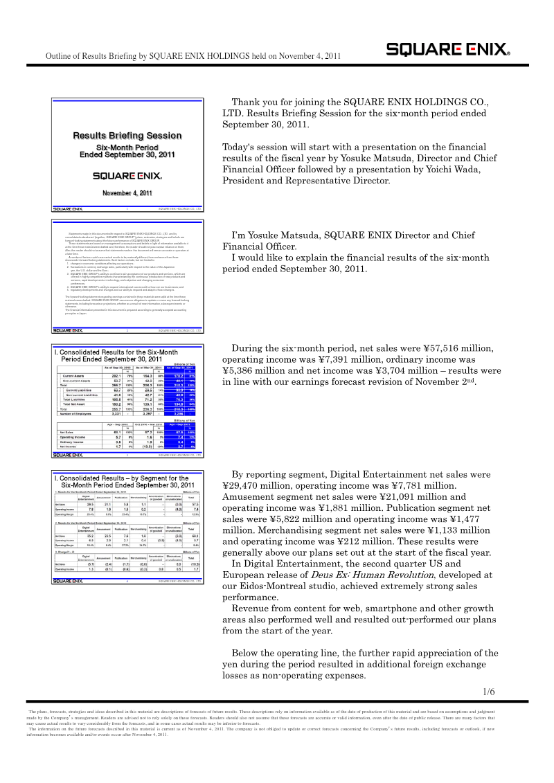 Cover of Square Enix Holdings Results Briefing: Six-Month Period Ended September 30, 2011