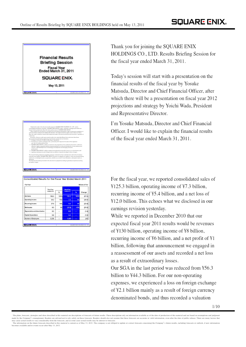 Cover of Square Enix Holdings Financial Results Briefing: Fiscal Year Ended March 31, 2011