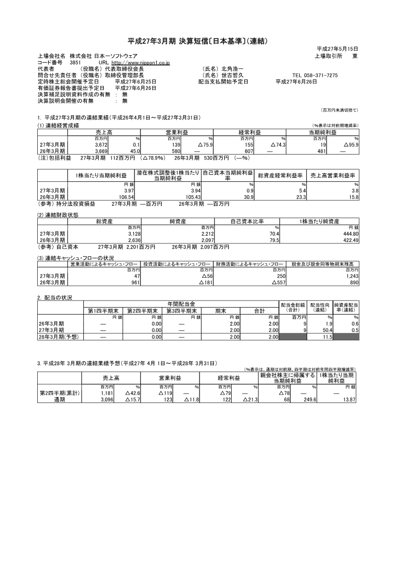 Cover of Nippon Ichi Software Financial Results: Fiscal Year Ended March 2015