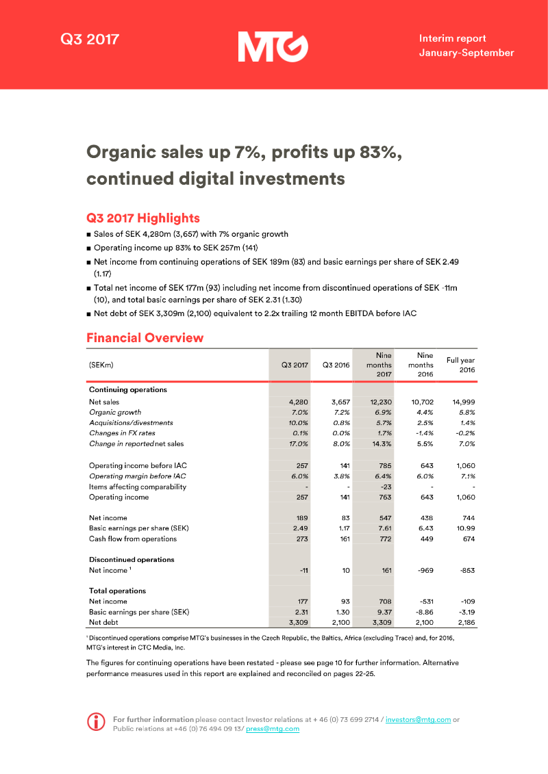 Cover of Modern Times Group Q3 2017 Interim Report