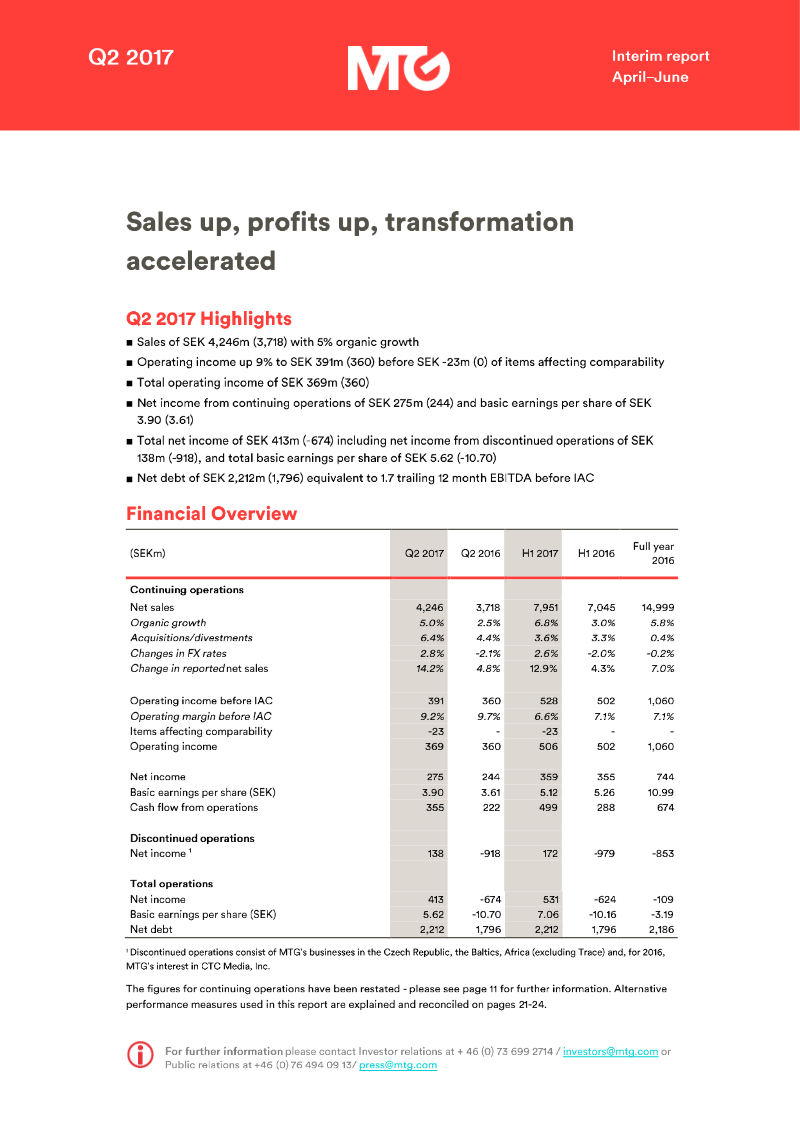 Cover of Modern Times Group Q2 2017 Interim Report