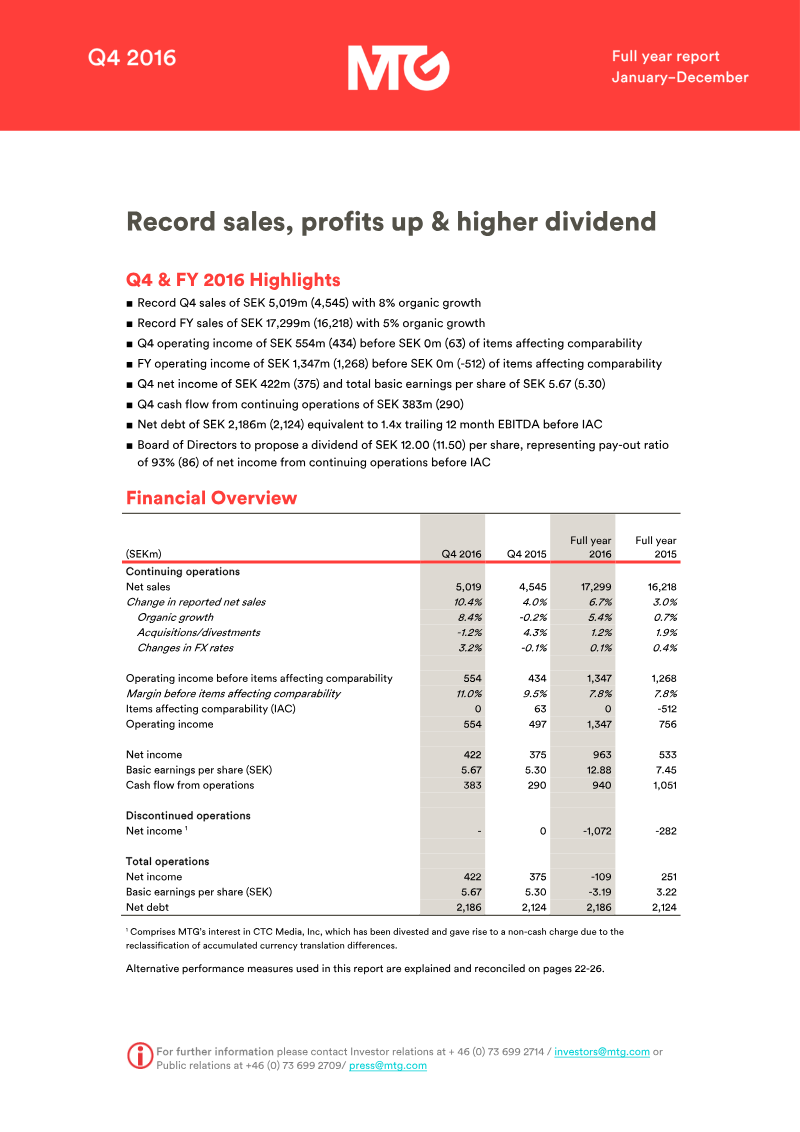Cover of Modern Times Group Q4 2016 Full Year Report