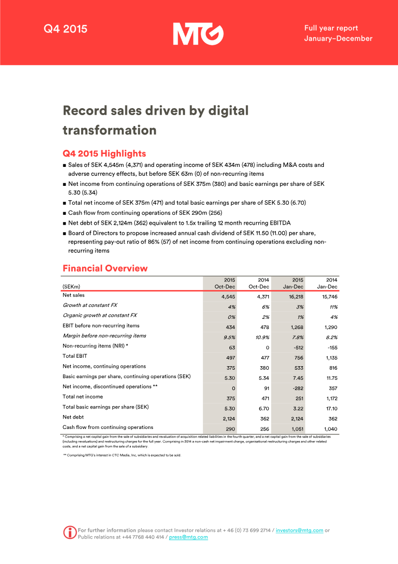 Cover of Modern Times Group Q4 2015 Full Year Report