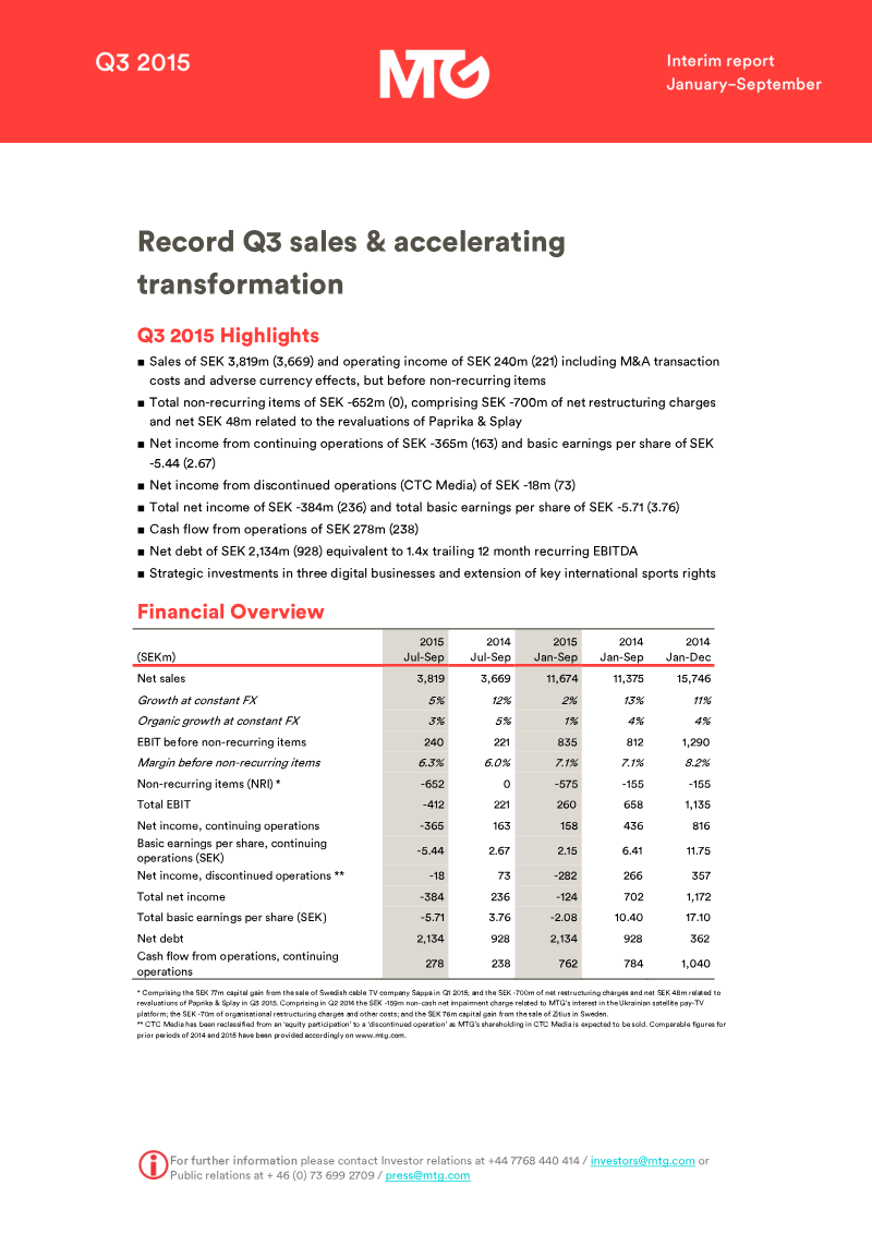 Cover of Modern Times Group Q3 2015 Interim Report