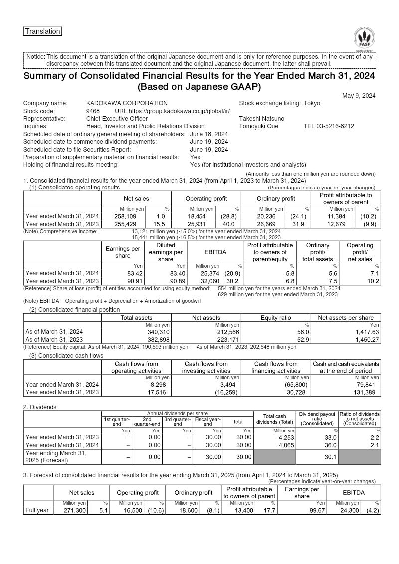 Cover of Kadokawa Corporation: Summary of Consolidated Financial Results for the Year Ended March 31, 2024