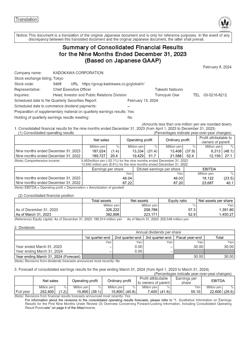 Cover of Kadokawa Corporation: Summary of Consolidated Financial Results for the Nine Months Ended December 31, 2023
