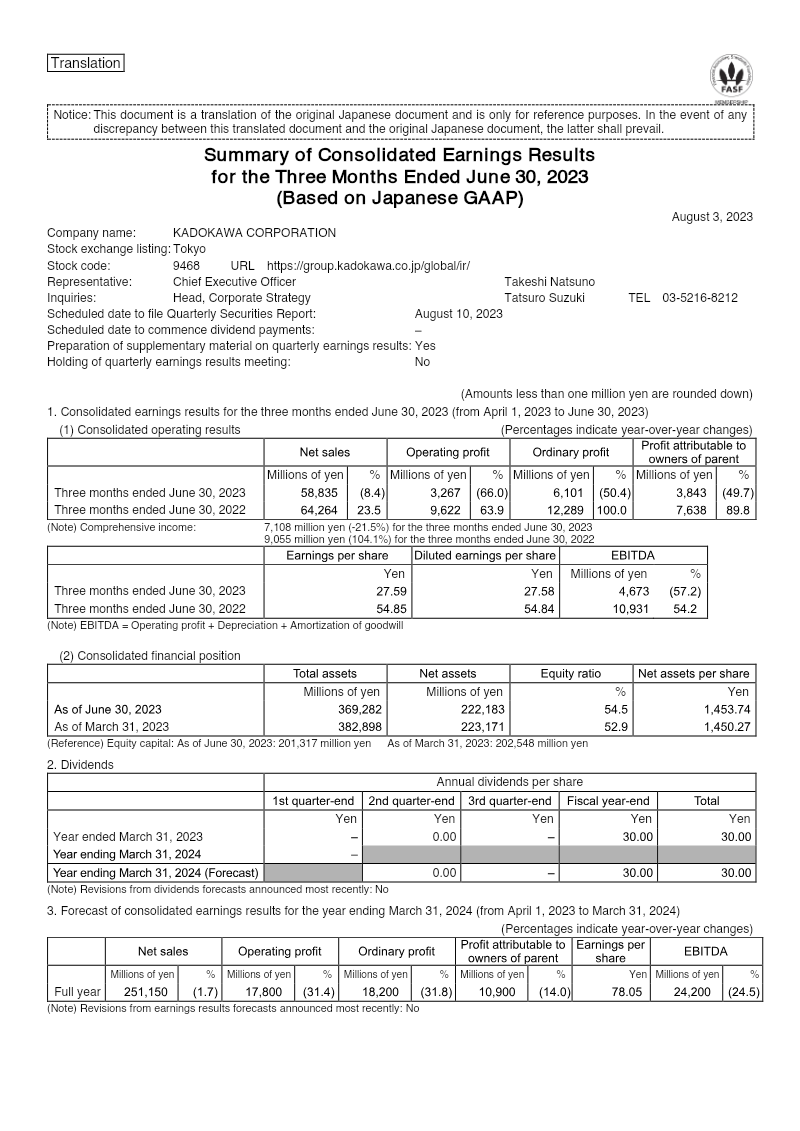 Cover of Kadokawa Corporation: Summary of Consolidated Earnings Results for the Three Months Ended June 30, 2023