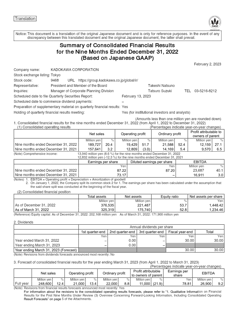 Cover of Kadokawa Corporation Summary of Consolidated Financial Results for the Nine Months Ended December 31, 2022