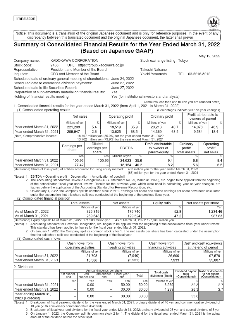 Cover of Kadokawa Corporation: Summary of Consolidated Financial Results for the Year Ended March 31, 2022