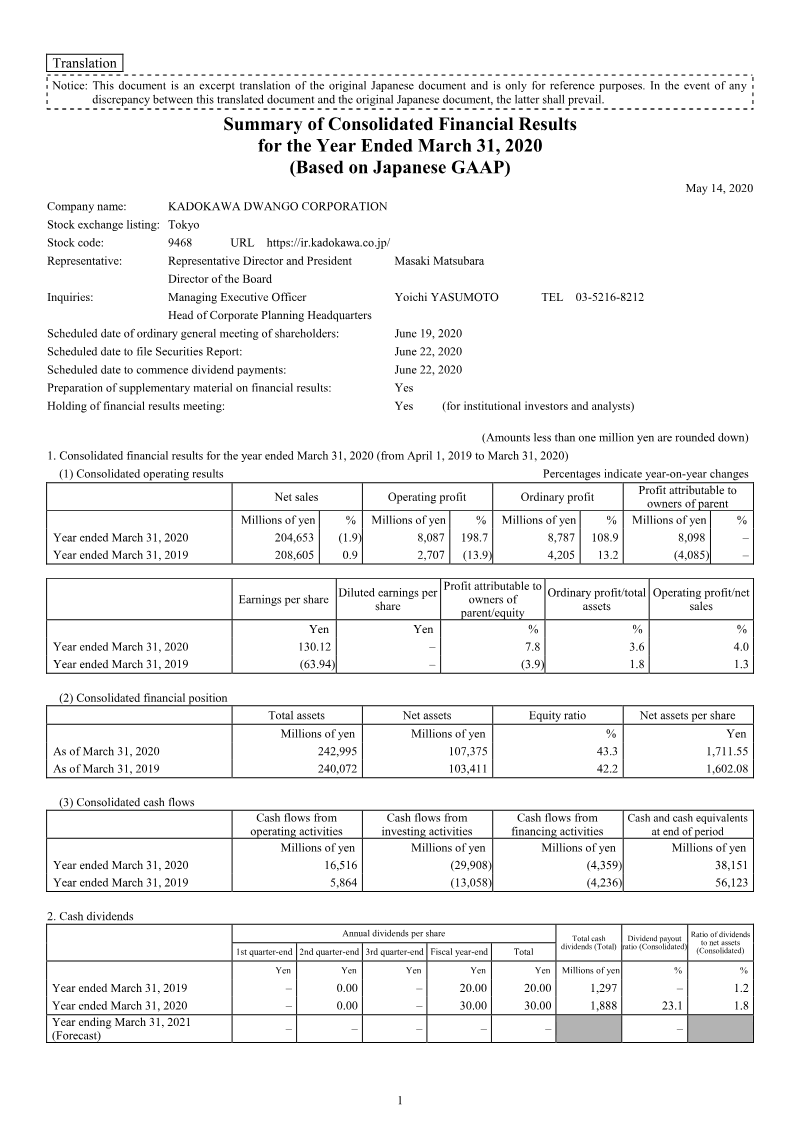 Cover of Kadokawa Dwango Corporation Summary of Consolidated Financial Results for the Year Ended March 31, 2020