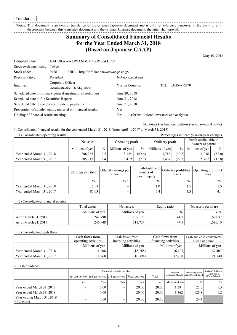 Cover of Kadokawa Dwango Corporation Summary of Consolidated Financial Results for the Year Ended March 31, 2018