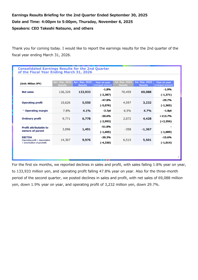 Cover of Kadokawa Earnings Results Briefing: 2nd Quarter Ended September 30, 2025