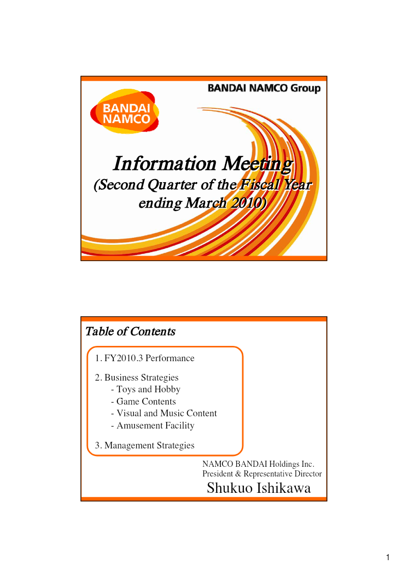 Cover of Bandai Namco Holdings FY2010.3 Second Quarter Financial Results