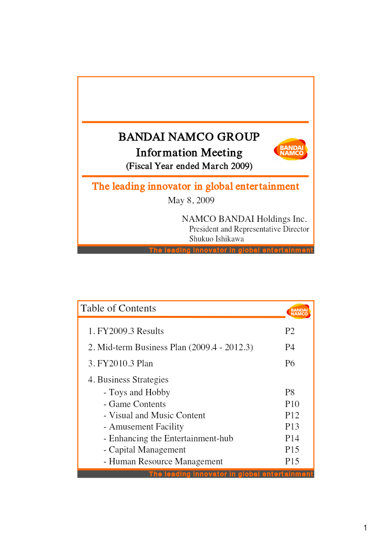 Cover of Namco Bandai Holdings FY2009.3 Information Meeting