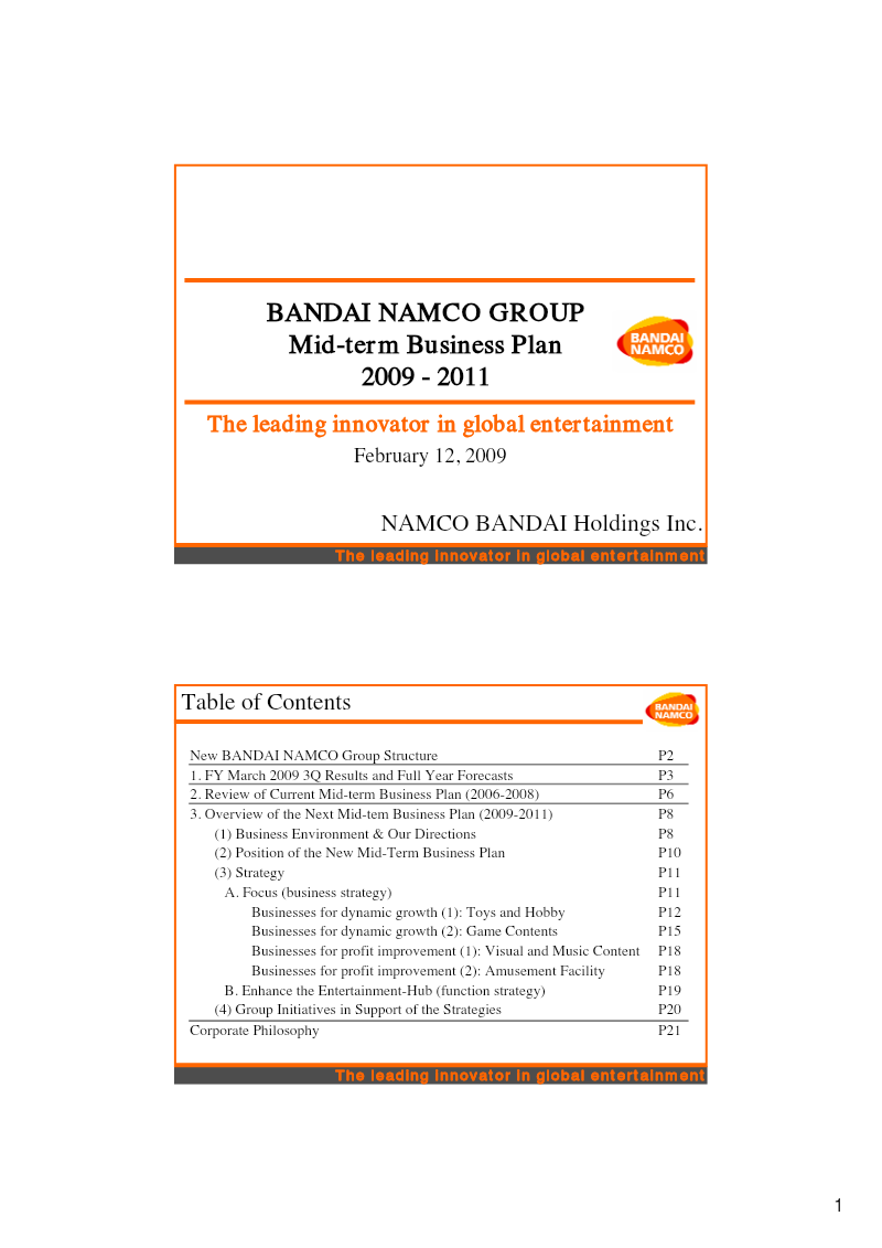 Cover of Namco Bandai Holdings Mid-term Business Plan: 2009–2011