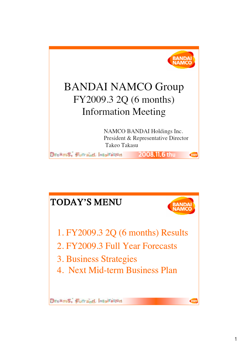 Cover of Bandai Namco Holdings FY2009.3 2Q Financial Results