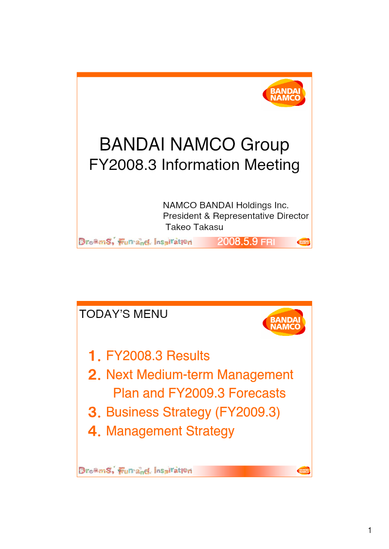 Cover of Bandai Namco Holdings FY2008.3 Information Meeting