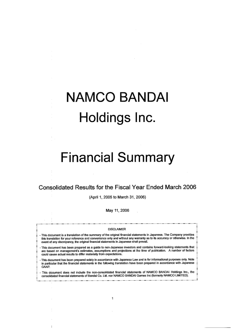 Cover of Namco Bandai Holdings Financial Summary: Fiscal Year Ended March 2006