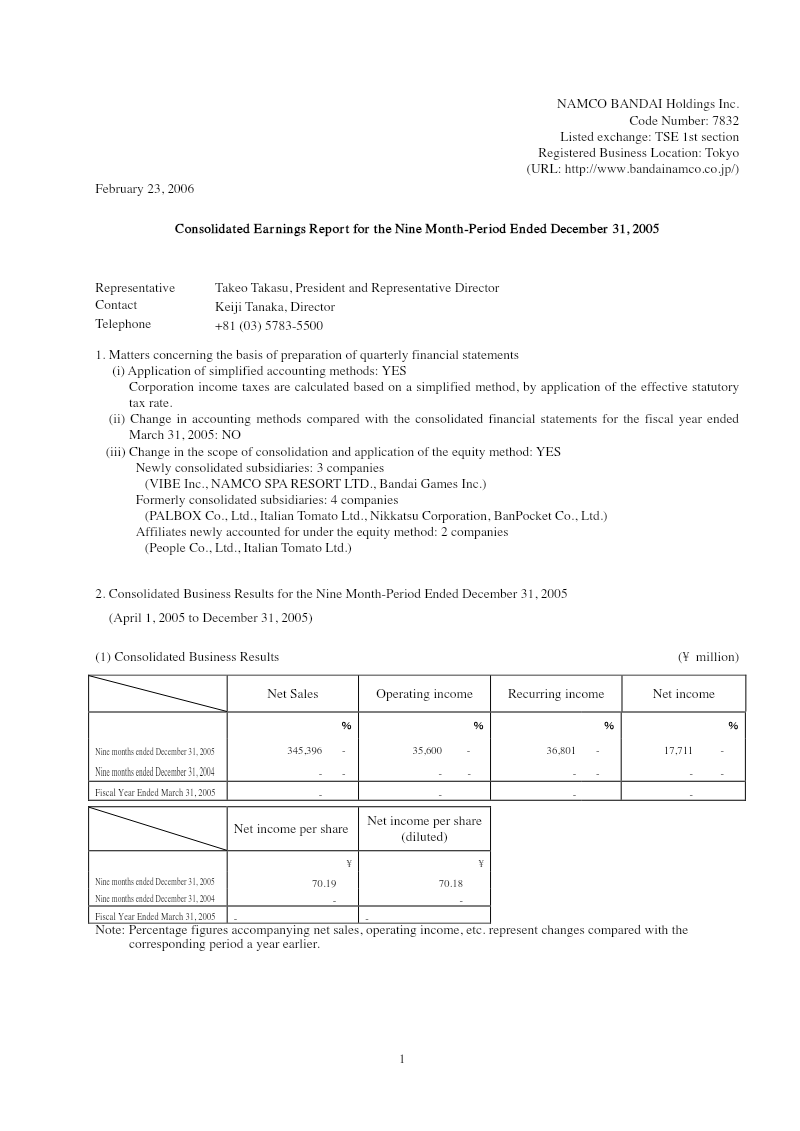 Cover of Namco Bandai Holdings Consolidated Earnings Report: Nine Month-Period Ended December 31, 2005