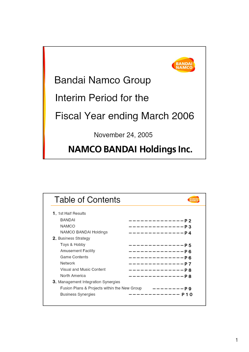 Cover of Namco Bandai Holdings Interim Period Fiscal Year Ending March 2006: Presentation Material